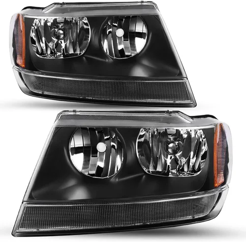 Vista 13 de SOCKIR Conjunto de faros delanteros compatible con Jeep Grand Cherokee 1999-2004 halógeno (carcasa negra, parte inferior ámbar, con bombillas)