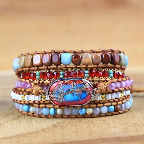 Vista 5 de ZOSOJONA Pulsera envolvente para mujer, estilo bohemio, con cuentas de cristal de jaspe natural, Cuero, Ágata