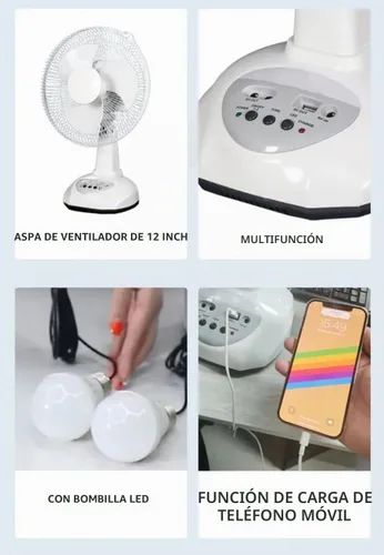 Vista 5 de Ventilador recargable VENTO con panel solar, puerto USB, luz LED nocturna y 2 bombillas gratis. Refrigeración ecológica