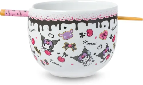 Vista 27 de Silver Buffalo Hello Kitty y sus amigos Chococat - Tazón de cerámica para ramen y arroz con palillos, patrón a cuadros, apto para microondas, 20