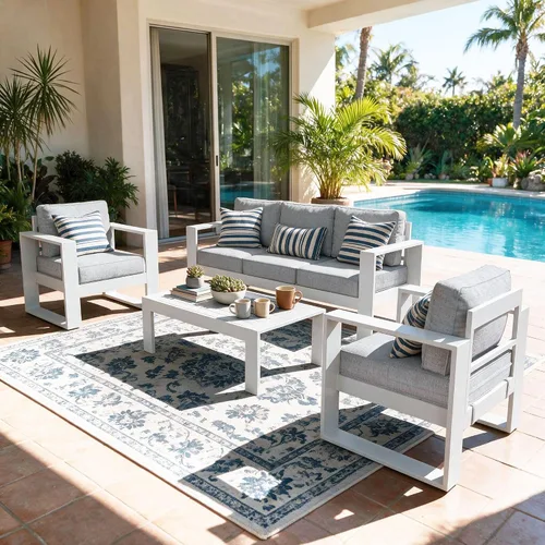 Vista 19 de LayinSun - Juego de muebles de patio de aluminio para exteriores de 4 piezas, sofá de conversación moderno de metal con mesa de café y cojines Negro