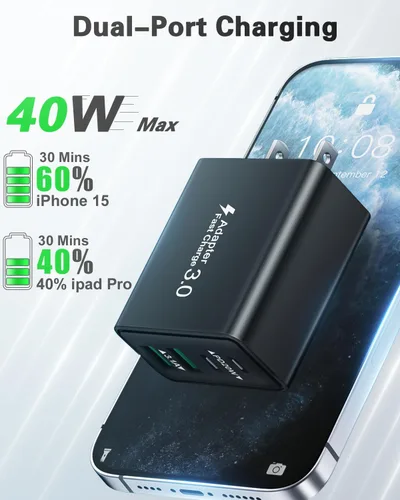 Vista 2 de Bloque de carga USB C, cargador de pared USB C de 40 W, adaptador de corriente PD de doble puerto, enchufe de pared QC USB C, bloque de carga rápida
