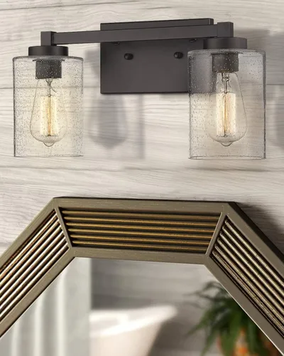 Vista 2 de Beionxii 2 luces de tocador de baño Aplique de pared vintage de bronce aceitado con vidrio transparente sembrado