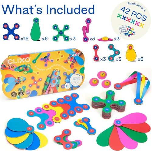 Vista 3 de Clixo Rainbow Pack, juguetes de construcción magnéticos flexibles para niños (42 unidades, 4+) Flexible Imagination STEM magnet toys for travel.