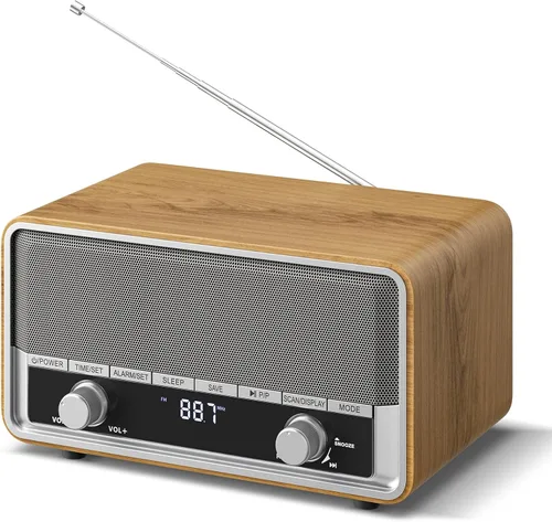 Vista 10 de Radio Bluetooth AM FM de madera retro con pantalla de tiempo Negro Ceniza