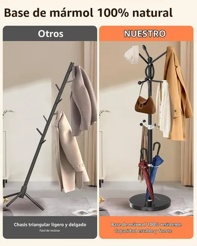 Vista 4 de ZOZOE Perchero de metal, moderno perchero independiente con base de mármol natural, perchero resistente con 10 ganchos y soporte para paraguas
