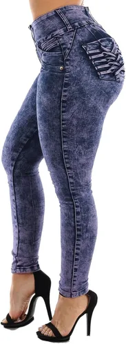 Vista 4 de Moda Xpress Pantalones de mezclilla ajustados de cintura alta y tiro medio para mujer diseño colombiano con levantamiento de glúteos 10623N