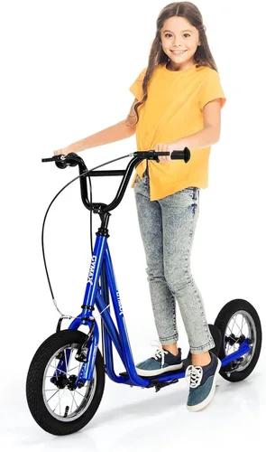 Vista 13 de GYMAX Patinete todoterreno para niños y adultos con ruedas inflables de 12 pulgadas, manillar de altura ajustable, frenos de mano tipo V y clavijas