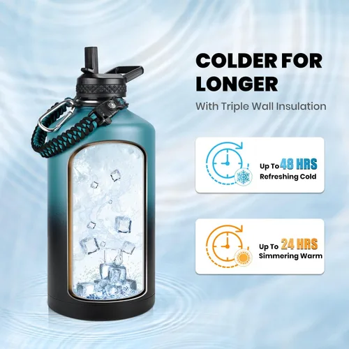 Vista 3 de RAYMYLO Botella de agua aislada de 128 onzas (índigo/negro) + botella de agua aislada para automóvil con asa de 40 onzas (índigo/negro)