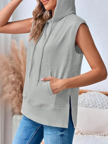 Vista 5 de Fisoew Sudadera sin mangas con capucha para mujer, casual, con cordón lateral, con bolsillos