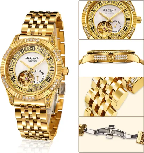Vista 16 de BINLUN Reloj de pulsera para hombre, mecánico automático, reloj dorado con cuerda automática, elegante, chapado en oro de 18 quilates, relojes
