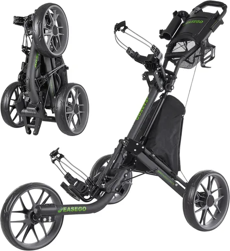 Vista 13 de EASEGO Carrito de golf con 3 ruedas: carrito plegable para bolsa de golf con soporte para teléfono/taza/paraguas, carritos de golf compactos