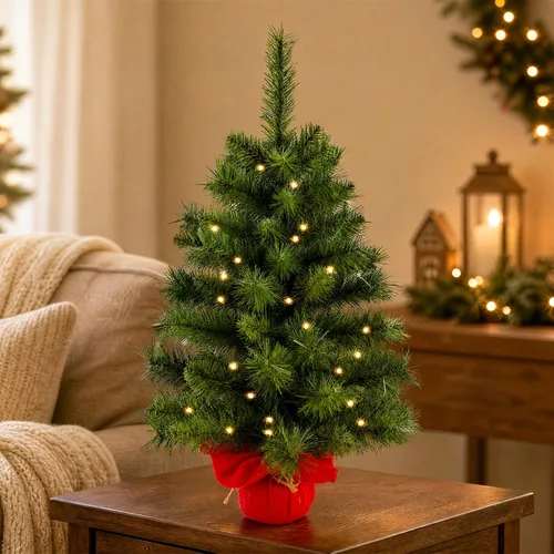 Vista 6 de Mini árbol de Navidad artificial preiluminado de 2 pies Árbol de mesa preiluminado de 2 pies, base de bolsa de tela pequeña con 50 luces, funciona