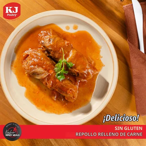 Vista 3 de KJ Poultry Kosher para comidas sin gluten, rollos de repollo relleno de carne de res en salsa (paquete de 1) entrada preparada completamente cocida