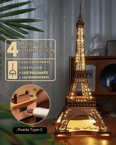 Vista 4 de Rolife Rompecabezas de madera 3D para adultos, Set grande de Torre Eiffel-Juegos de construcción de modelo LED, kits de arquitectura de París como