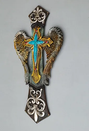Vista 8 de Ebros Gift Rústico Southwest Fleur De Lis Silver Scroll Angel Wings Turquesa Piedra Cruz Decoración Placa de 14 pulgadas de alto Cristiano