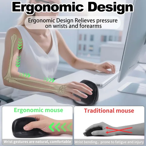 Vista 3 de Ratón inalámbrico Bluetooth, ergonómico, vertical, recargable, silencioso, portátil, inalámbrico, modo dual, de alta precisión, con receptor USB