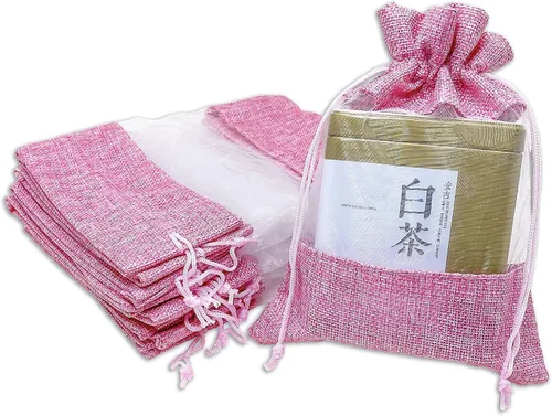 Vista 35 de TheDisplayGuys para tu vida moderna - Paquete de 12 bolsas de regalo pequeñas de arpillera de lino y organza con cordones (8.9x14 cm, gris)