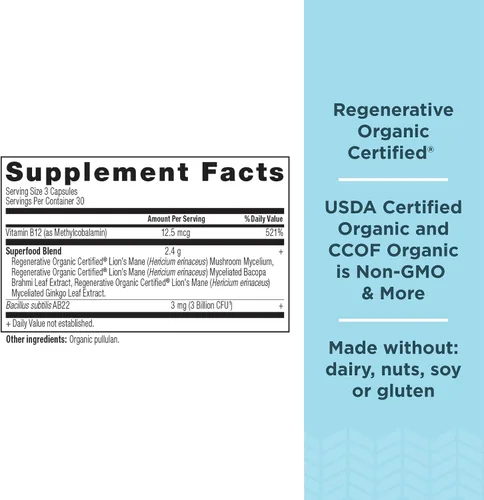 Vista 2 de Ancient Nutrition Cápsulas cerebrales enfocadas certificadas orgánicas regenerativas, hechas con hoja de ginkgo, melena de león para ayudar a