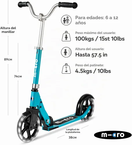 Vista 3 de Micro Kickboard - Micro Cruiser LED - Monopatín Micro plegable de dos ruedas con diseño suizo, para niños con deslizamiento suave y ruedas grandes