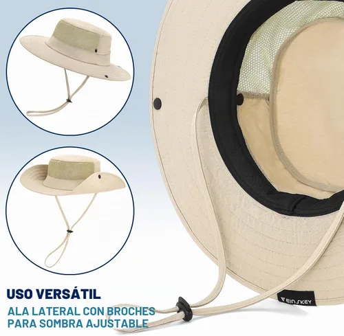 Vista 5 de Cooling Sun Bucket Hat, UPF 50+ Wide Brim Boonie Hat with Ponytail Hole 01 Beige