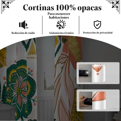 Vista 2 de Tyrot - Cortinas bohemias florales 100% opacas para dormitorio de 63 pulgadas de largo, 2 paneles. Cortinas botánicas de mediados de siglo