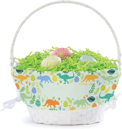Vista 4 de Cesta de huevo de Pascua personalizada con patrón de dinosaurio con asa y nombre personalizado, forros de canasta de Pascua verdes, canasta blanca