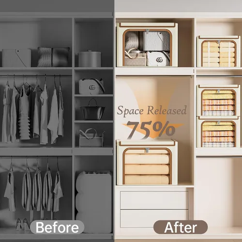 Vista 7 de Yecaye Cajas de Almacenamiento de Ropa con Marco de Metal, Caja de Almacenamiento de Ropa Plegable con Tapa, Caja Organizadora Apilable de Tela