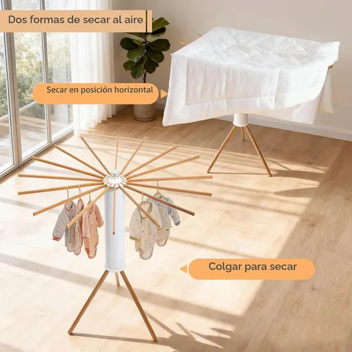 Vista 4 de ZOFGENOW Estante de secado de ropa, soporte plegable giratorio con 16 brazos, color blanco