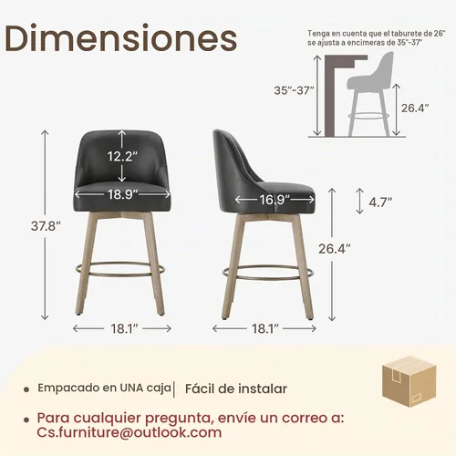 Vista 2 de Juego de 2 taburetes de bar de altura de mostrador, modernos taburetes de bar giratorios con respaldo y patas de madera, sillas de bar tapizadas