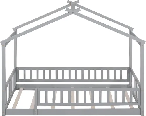 Vista 7 de MERITLINE Cama individual Montessori para niños, marco de cama individual Montessori con rieles y techo, no necesita somier, para niños, Gris