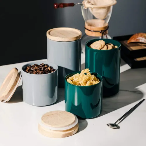 Vista 3 de Sweejar Kitchen Canisters - Tarro de cerámica para almacenamiento de alimentos, recipientes apilables con tapa de madera de cierre hermético