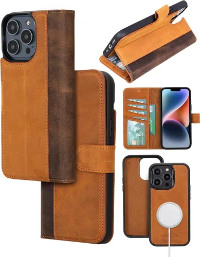 Vista 16 de Bayelon Funda para iPhone 14, funda de cuero de grano completo, [2 en 1], funda magnética desmontable con ranuras para tarjetas, soporte y función