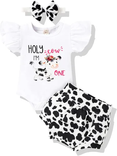 Vista 14 de Conjunto de ropa para bebé niña de 1er cumpleaños con mangas con volantes + pantalones cortos estampados + diadema para tartas