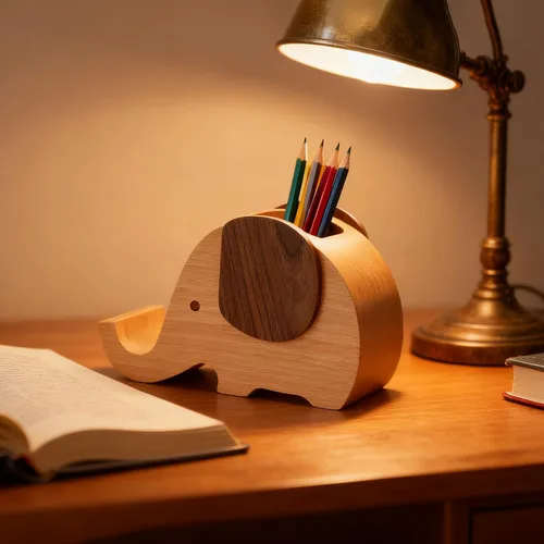 Vista 6 de Portalápices creativo elefante regalos juguetes de madera lindo soporte para lápices y teléfono celular soporte organizador para escritorio