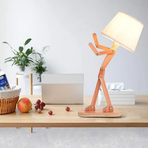 Vista 2 de Bonita lámpara de escritorio, creativa, con brazo oscilante, de madera, para hombre, pantalla redonda, luz de noche, divertida lámpara de niños