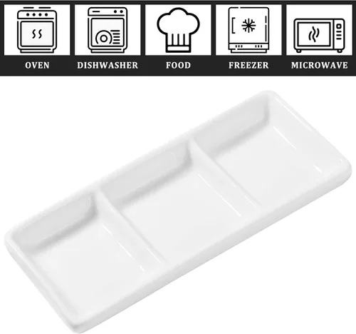 Vista 3 de DOITOOL 2 platos de cerámica para servir, 3 compartimentos, bandejas para servir aperitivos, platos de salsa divididos rectangulares blancos