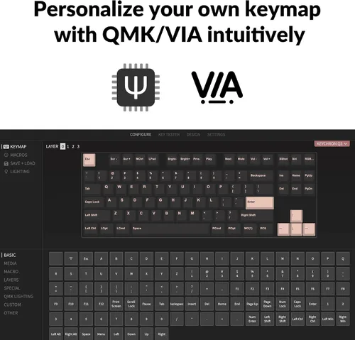 Vista 2 de Keychron Q3 QMK/VIA Teclado mecánico personalizado con cable, diseño sin llave de aluminio completo, macro programable con interruptor marrón