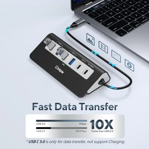 Vista 4 de P9 USB C Hub, INTPW 9-en-1 Adaptador USB Multipuerto con HDMI 4K, PD 100W, USB-C y 2 USB A 3.0 5Gbps, 2 USB A 2.0, Lector de Tarjetas SD/TF, Hub USB
