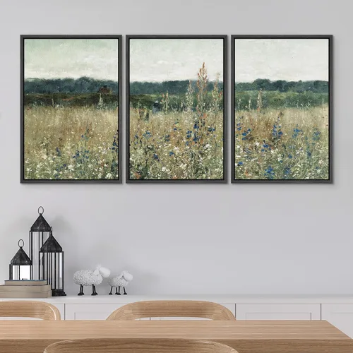 Vista 4 de SIGNWIN Lienzo enmarcado para pared, juego de arte de campos pastorales, flores silvestres, campo rústico, paisaje, floral, ilustraciones modernas