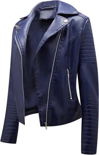 Vista 2 de AMTF Chaqueta casual para mujer, de piel sintética, con bolsillo, para béisbol, motocicleta, con cremallera, suave, media cremallera, para mujer