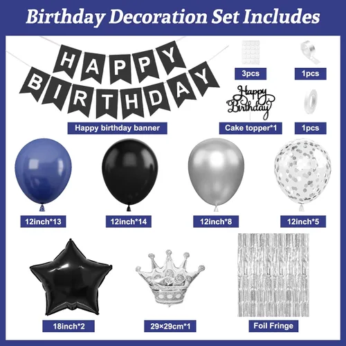 Vista 2 de Decoraciones de cumpleaños azul marino y negro para hombres, globo de confeti negro y azul con pancarta de "Happy Birthday", cortinas con flecos