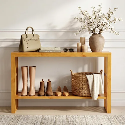Vista 11 de Mesa de consola estrecha de bambú de 47.2" (120 cm), mesa auxiliar de madera estilo granja, mesa rectangular de entrada, mesa de sofá moderna detrás