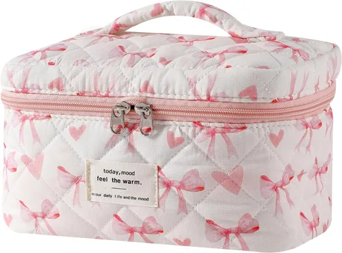 Vista 33 de uekeboag - Bolsa de maquillaje grande de viaje acolchada para mujer, neceser de algodón con estampado floral, neceser con estampado floral