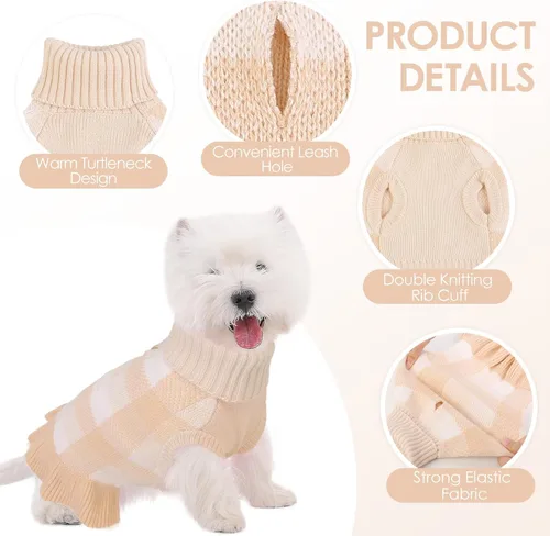 Vista 3 de Vestido de suéter para perro, ropa de Navidad a cuadros para perros Beige