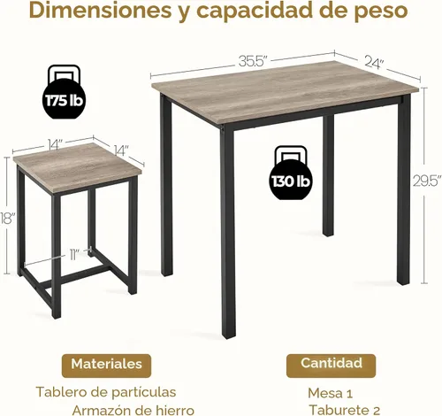 Vista 3 de Yaheetech Juego de mesa de comedor de 3 piezas - Juego de mesa y sillas para cocina para 2 - Mesa compacta con 2 taburetes y diseño que ahorra Gris
