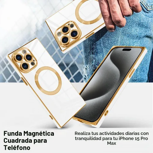 Vista 5 de OOK Funda magnética para iPhone 15 Pro Max borde chapado en oro - blanco
