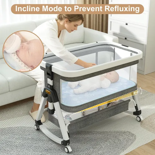 Vista 5 de Moisés de bebé 3 en 1, moisés de noche para bebé, moisés portátil con mosquitera y cesta de almacenamiento, moisés mecedora ajustable de 6 alturas