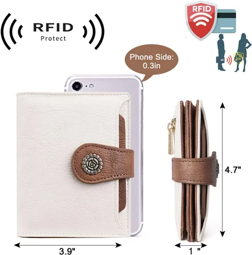 Vista 3 de CLUCI - Carteras pequeñas para mujer, color beige con marrón Bloqueo RFID, cuero, compacto triple, tarjetero con ventana de identificación