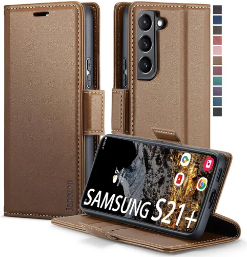 Vista 17 de Funda tipo cartera para Samsung Galaxy S21+ Plus 5G con bloqueo RFID, tarjetero y función atril magnético, funda de piel con tapa para Samsung Negro